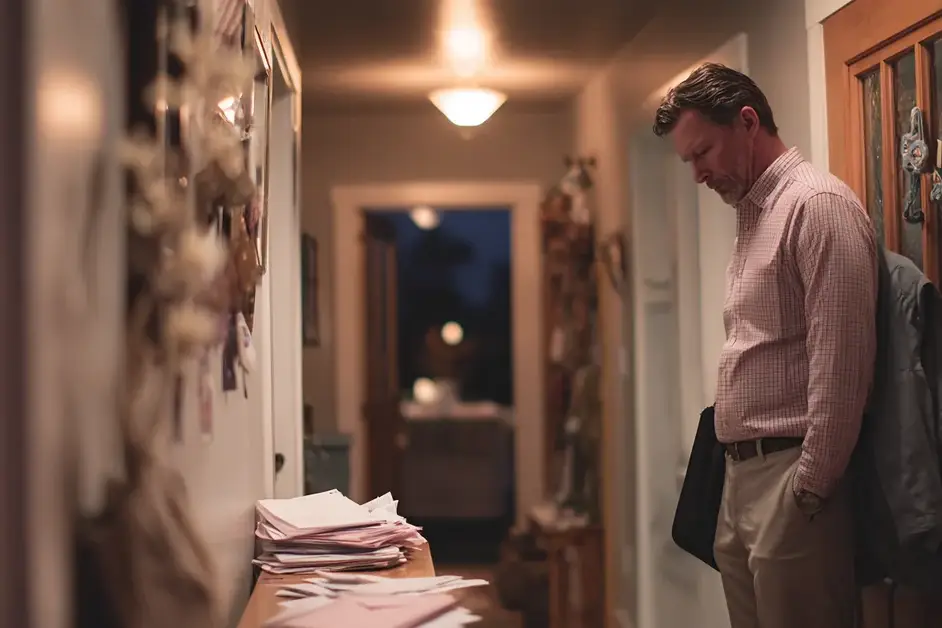 Man in office clothes standing in his own hallway with a bag still on his shoulder, looking down at a thick stack of unopened mail on a console table