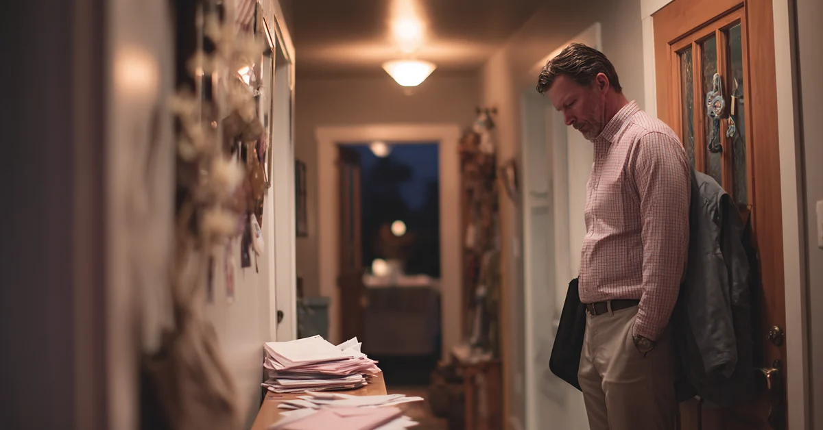 Man in office clothes standing in his own hallway with a bag still on his shoulder, looking down at a thick stack of unopened mail on a console table