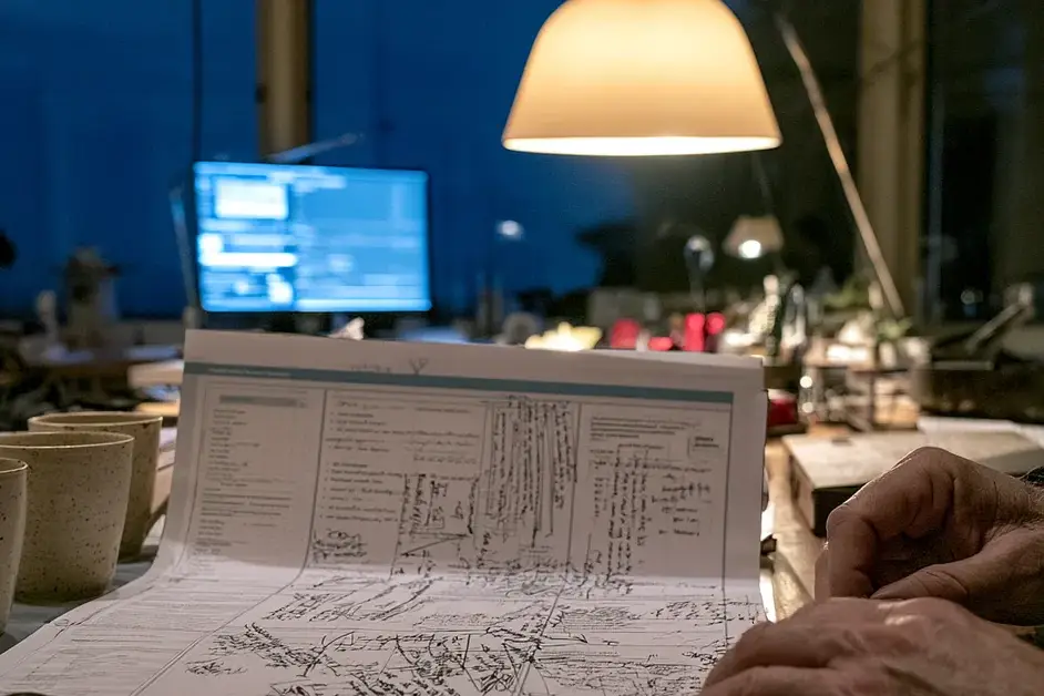 Pre-dawn desk scene with a densely handwritten presentation, several empty coffee cups, and restless hands