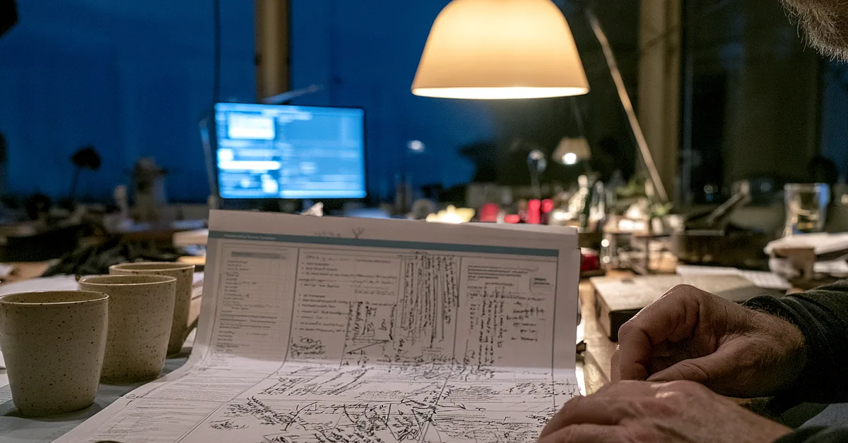 Pre-dawn desk scene with a densely handwritten presentation, several empty coffee cups, and restless hands