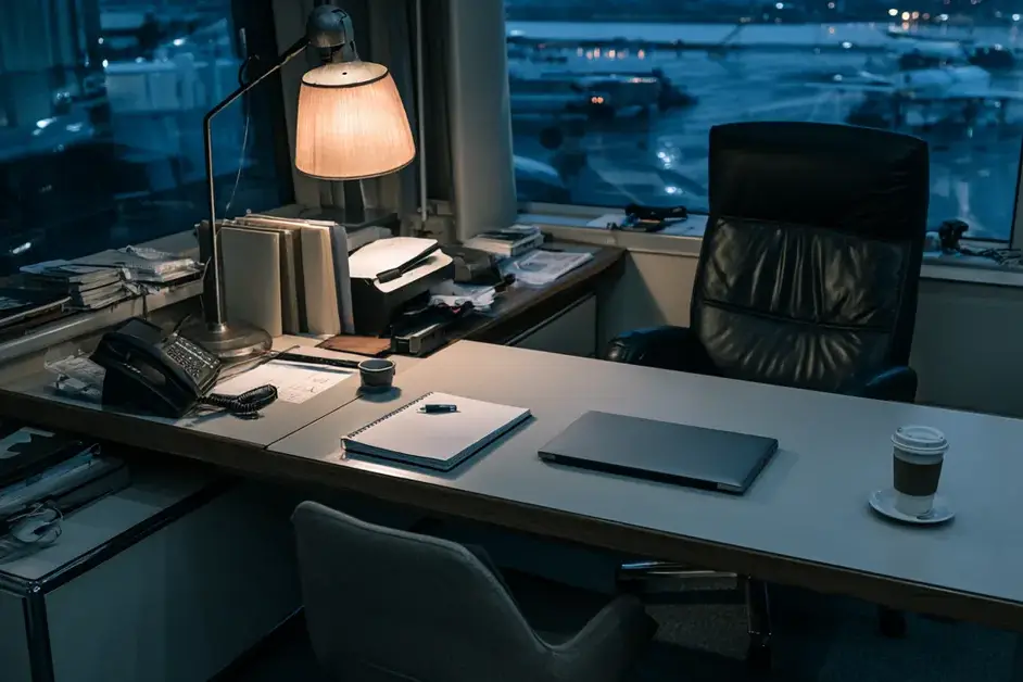 Empty, immaculately organized executive desk lit by a lamp with a city view at dusk through the window