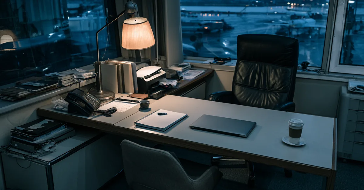 Empty, immaculately organized executive desk lit by a lamp with a city view at dusk through the window