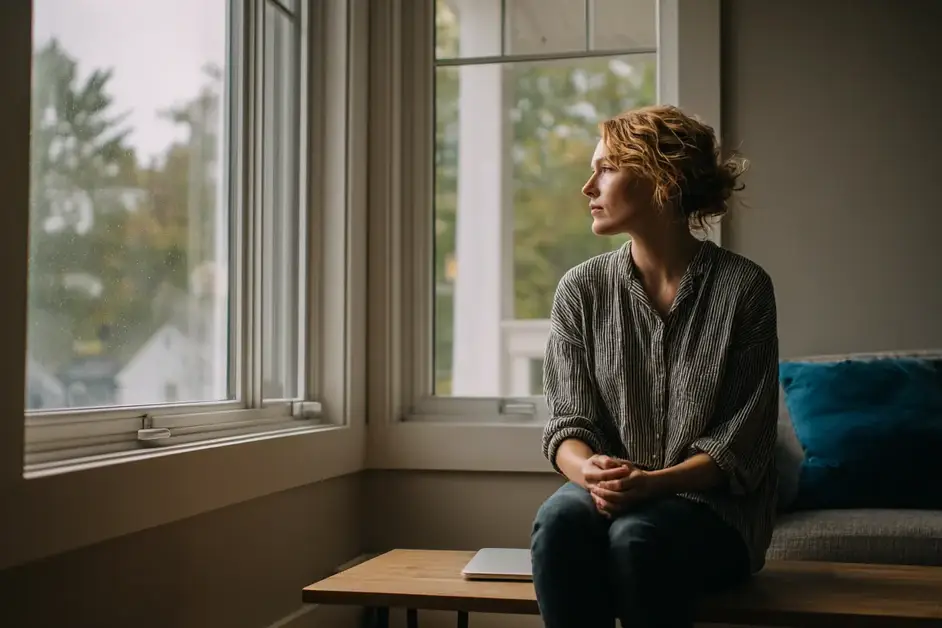 Woman sitting on the edge of a sofa by a window in daylight with her hands resting on her knees