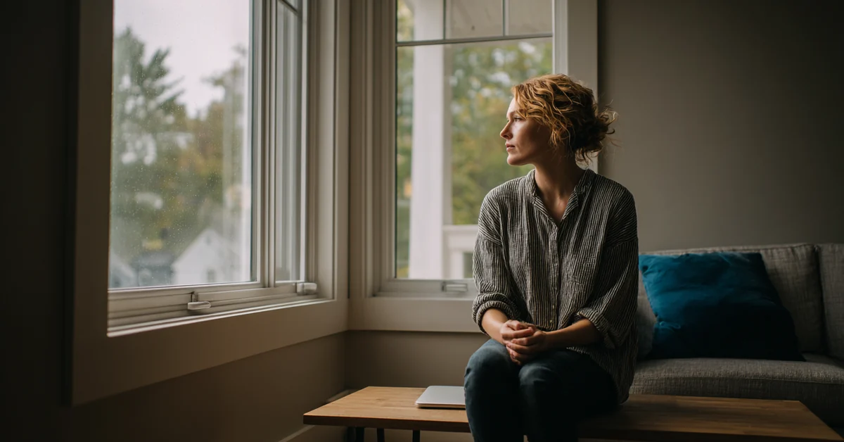 Woman sitting on the edge of a sofa by a window in daylight with her hands resting on her knees