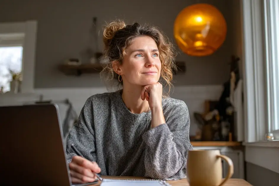 Woman sitting at a kitchen table with an open laptop, a notepad and a pen in her hand