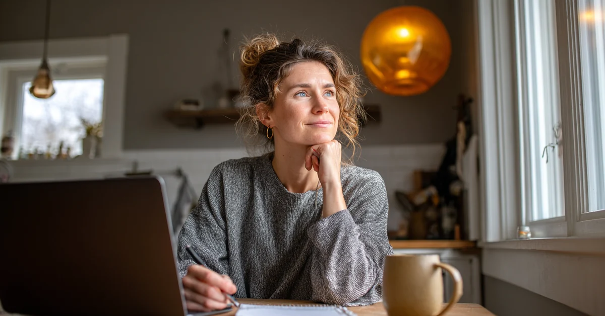 Woman sitting at a kitchen table with an open laptop, a notepad and a pen in her hand