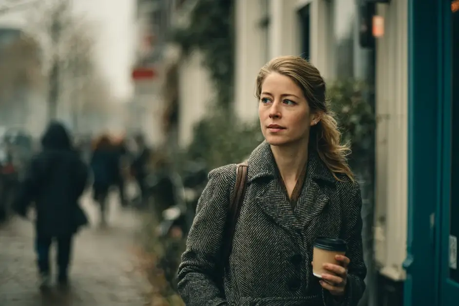 Woman in a coat walking alone on a city pavement in the morning with a coffee cup in one hand