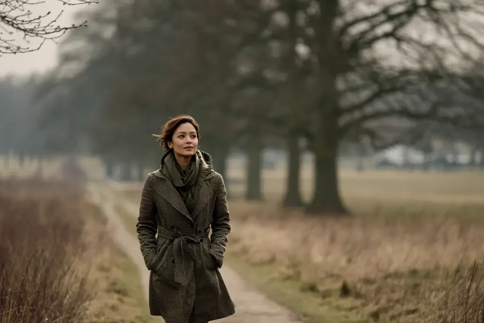 Woman in a coat walking alone on a path through open parkland in flat morning light