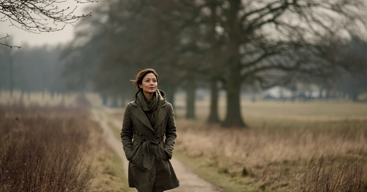 Woman in a coat walking alone on a path through open parkland in flat morning light