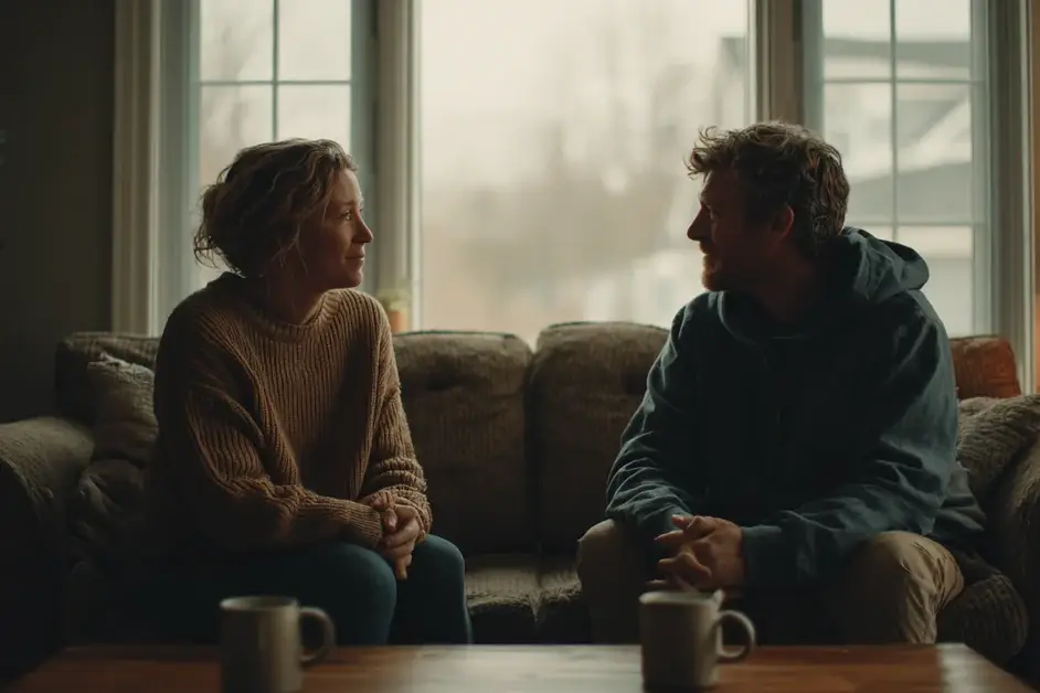 Couple sitting on a sofa in daylight turned toward each other, with two mugs on the coffee table