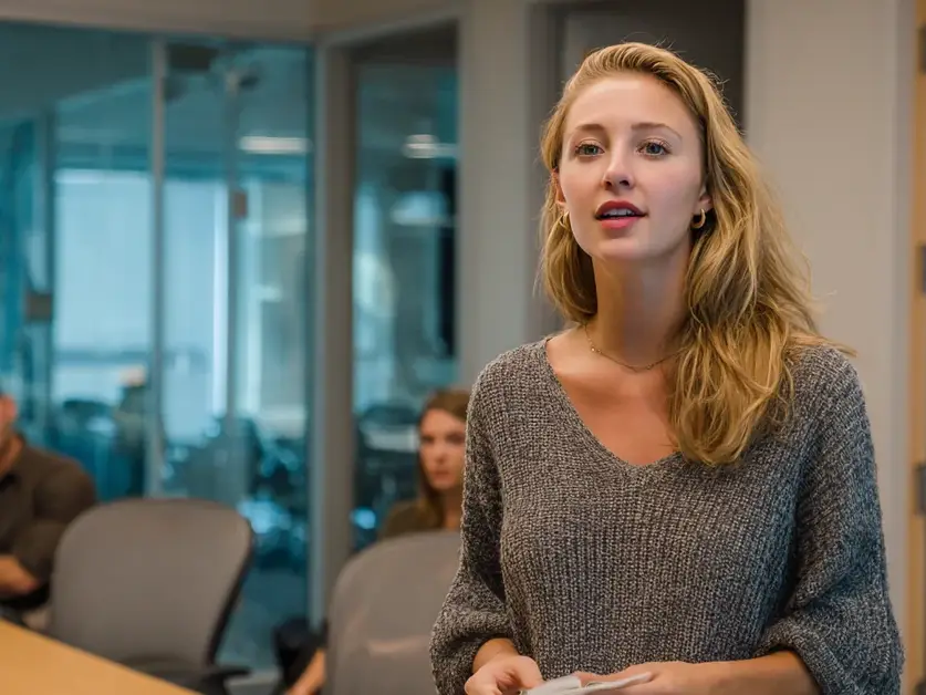 Woman standing to speak at the end of a conference table with notes in one hand while colleagues listen
