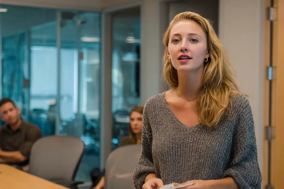 Woman standing to speak at the end of a conference table with notes in one hand while colleagues listen