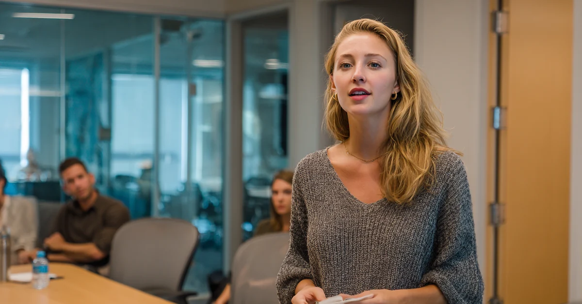 Woman standing to speak at the end of a conference table with notes in one hand while colleagues listen