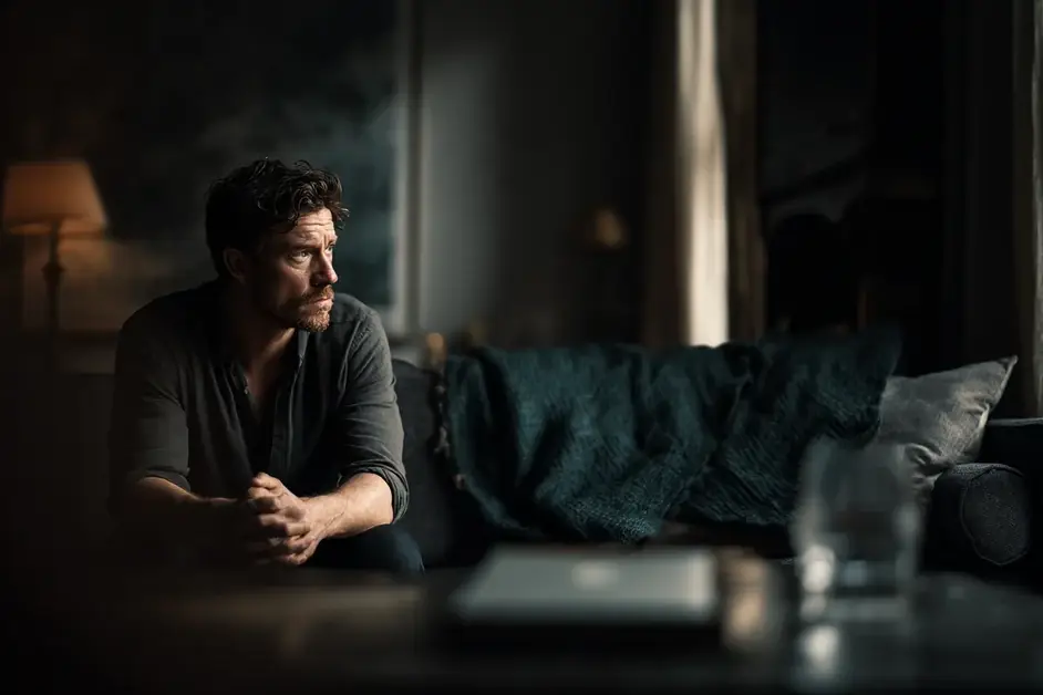 Man sitting on a sofa in a dark living room at night, elbows on knees and hands clasped, closed laptop on the table