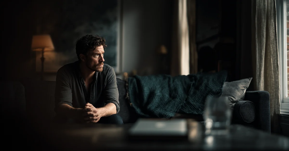 Man sitting on a sofa in a dark living room at night, elbows on knees and hands clasped, closed laptop on the table