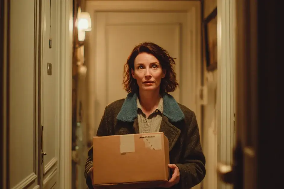 Woman still in her coat standing in her own hallway at night holding a large unopened parcel, expression uncertain