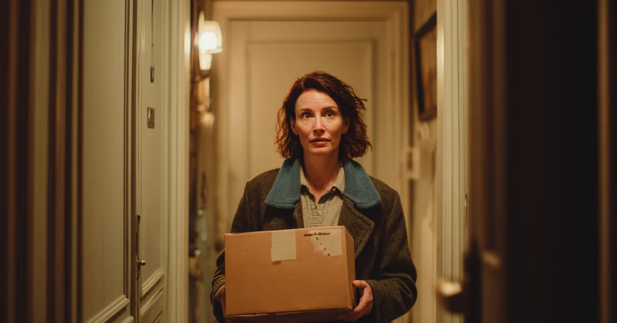 Woman still in her coat standing in her own hallway at night holding a large unopened parcel, expression uncertain