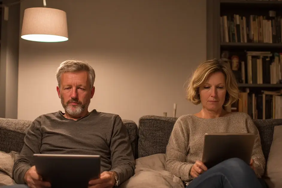 Couple sitting at opposite ends of a sofa in the evening, each looking at a separate device