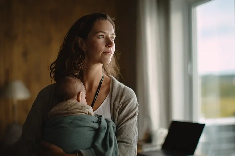 Woman holding a sleeping newborn against her shoulder in a sunlit living room, laptop open on the desk behind her