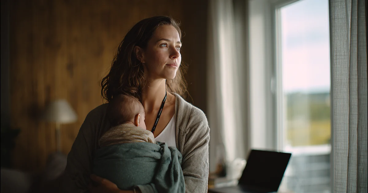 Woman holding a sleeping newborn against her shoulder in a sunlit living room, laptop open on the desk behind her