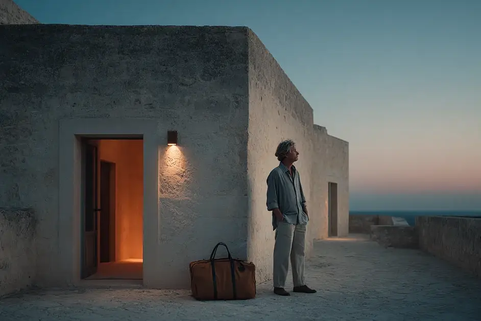 Man standing on a stone terrace at dusk with a packed bag at his feet, looking back toward a lit doorway