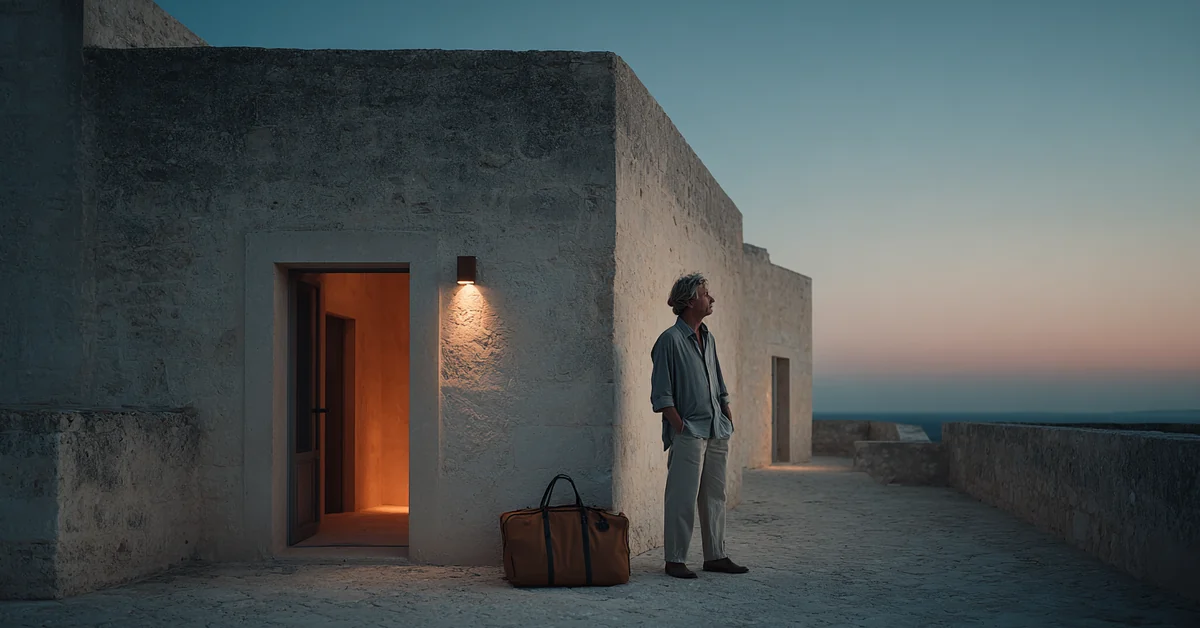 Man standing on a stone terrace at dusk with a packed bag at his feet, looking back toward a lit doorway