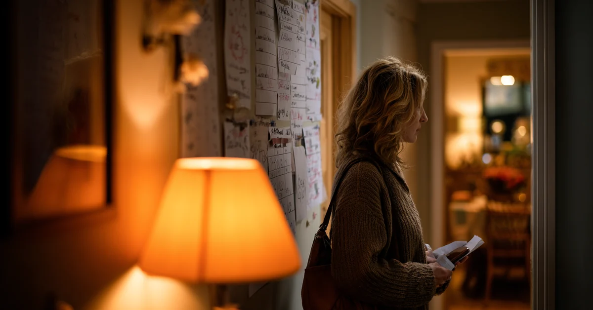 Woman still wearing her coat and bag standing in a warmly lit kitchen reading a wall of handwritten notes and schedules
