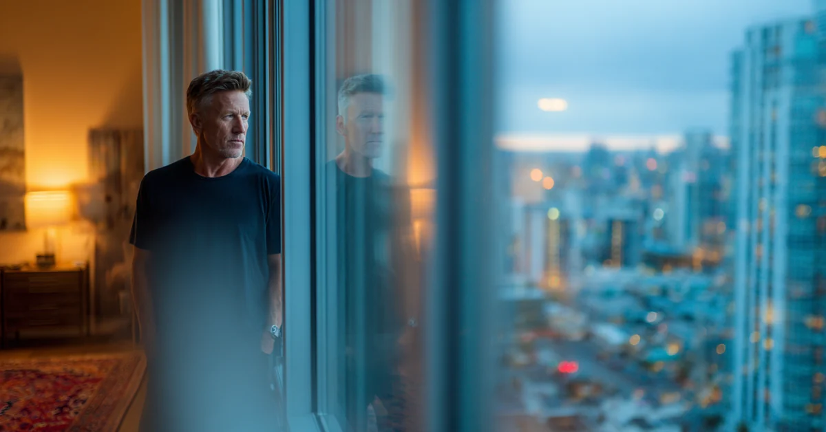 Man standing at a floor-to-ceiling window at dusk with his own reflection doubled and dimmer beside him in the glass, city lights below