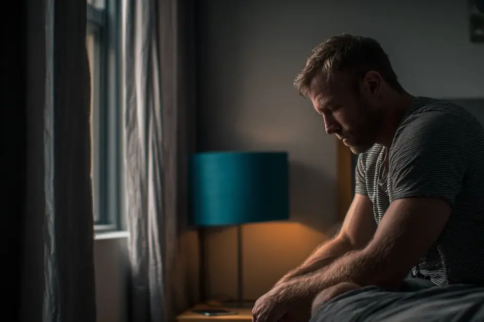 Man sitting on the edge of his bed at dawn with his forearms on his knees, looking at the floor