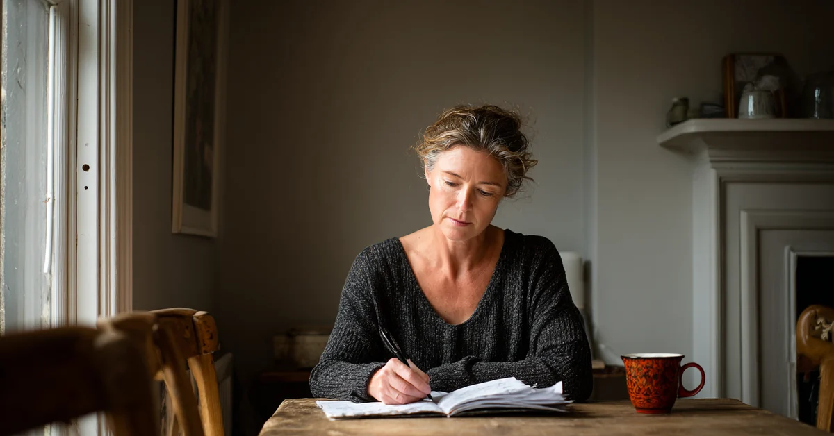 Woman sitting alone at a kitchen table in daylight writing in a notebook, a dark red mug beside her