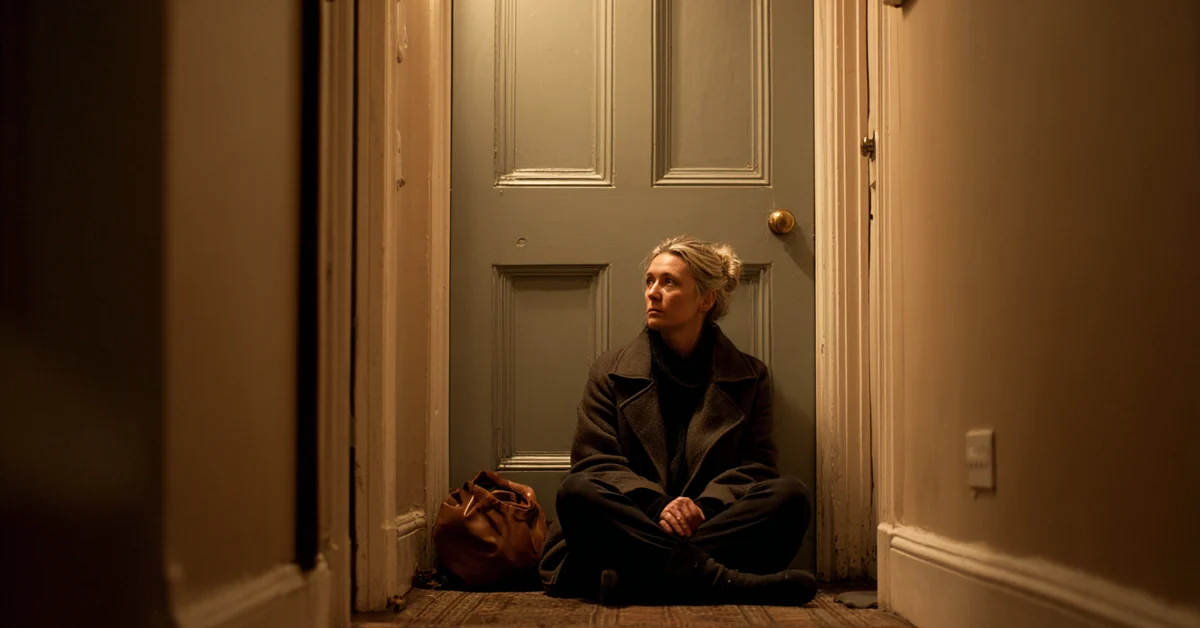Woman sitting on the floor of a hallway with her coat still on and a bag beside her, back to the closed front door