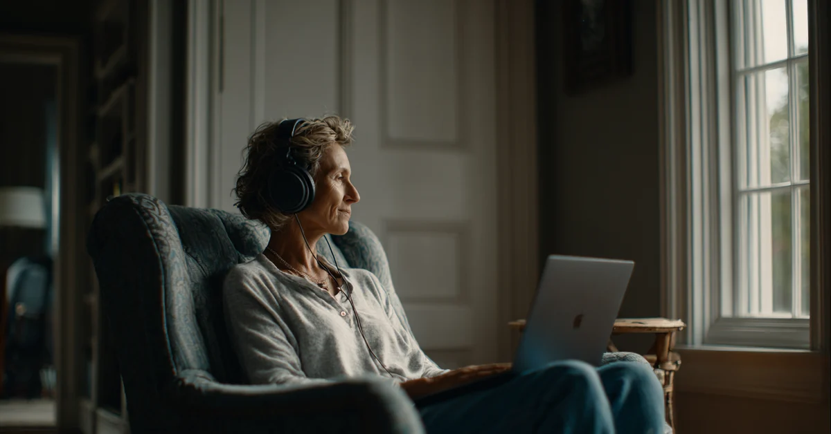Woman wearing headphones sitting in an armchair at home facing a laptop on a side table