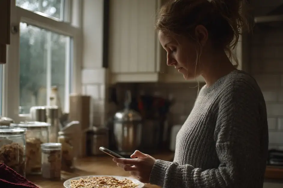 Woman standing at a kitchen counter checking her phone over a plate of food, storage jars lined up along the counter