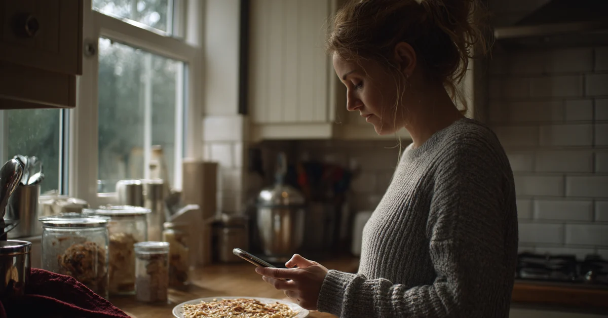 Woman standing at a kitchen counter checking her phone over a plate of food, storage jars lined up along the counter