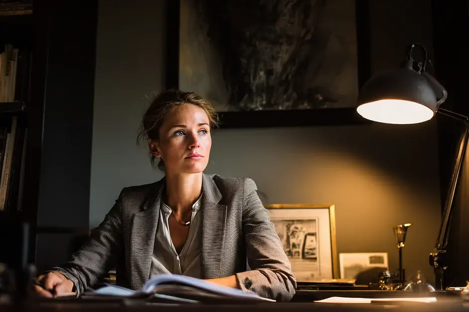 Woman in a blazer working at a lamp-lit desk in a book-lined study at night, papers open in front of her