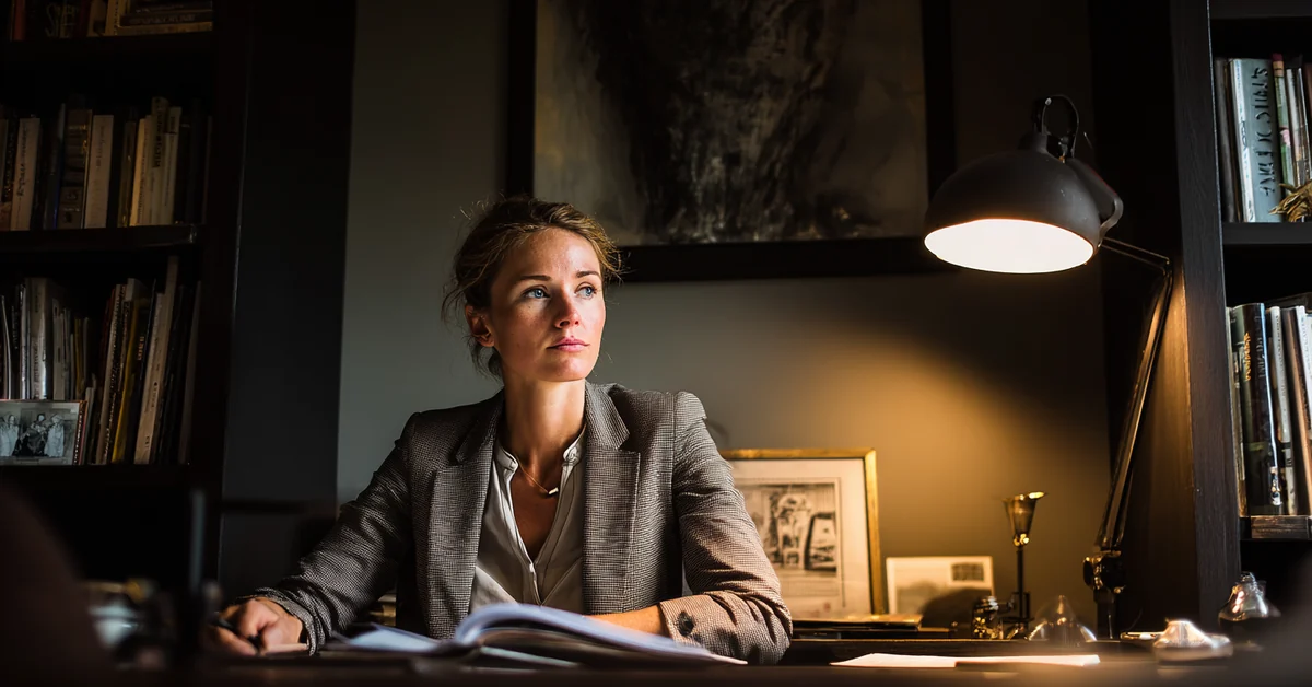 Woman in a blazer working at a lamp-lit desk in a book-lined study at night, papers open in front of her