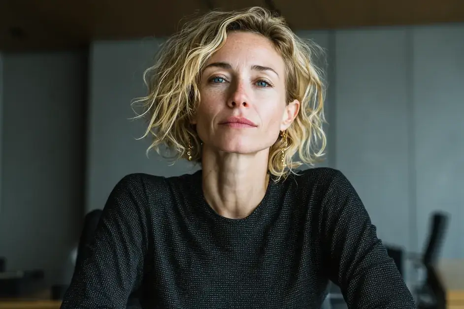 Woman with tousled hair sitting at a desk, looking directly at the camera with a steady, serious expression