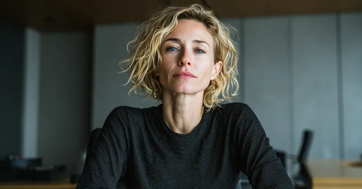 Woman with tousled hair sitting at a desk, looking directly at the camera with a steady, serious expression