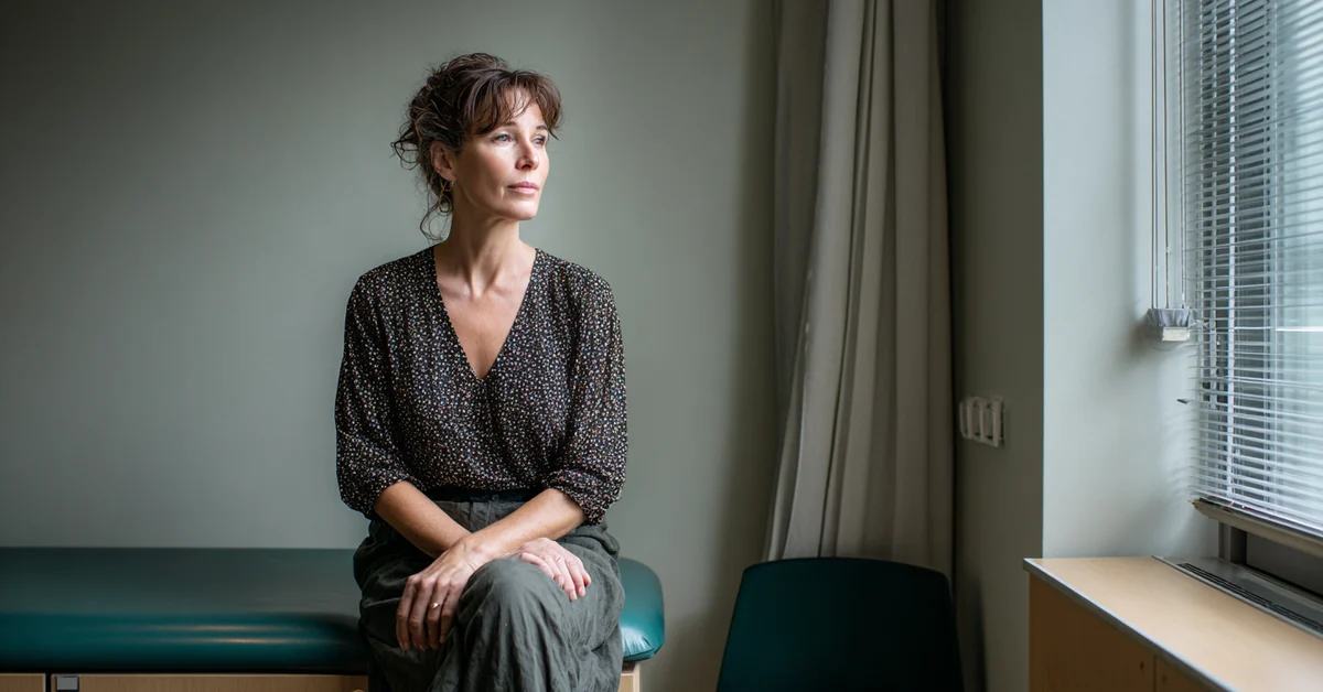 Woman sitting fully dressed on the edge of an examination table in a daylit consulting room with no clinician present