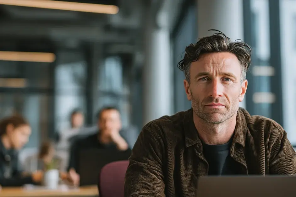 Man sitting motionless at his desk in an open-plan office, eyes unfocused, colleagues working behind him