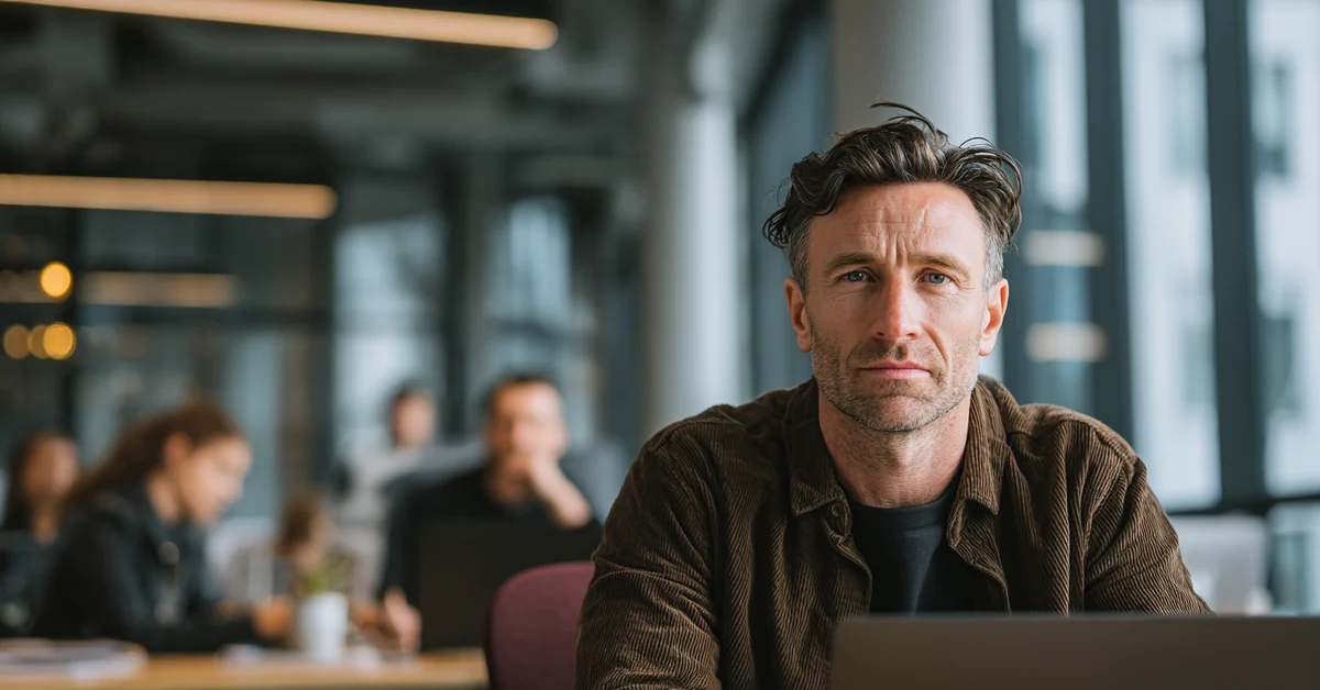 Man sitting motionless at his desk in an open-plan office, eyes unfocused, colleagues working behind him