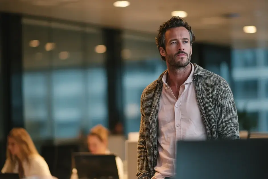 Man standing up from his desk in an open-plan office in the late afternoon while colleagues stay working behind him