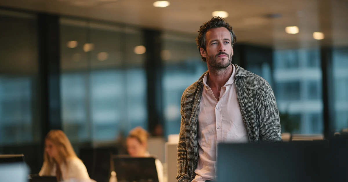 Man standing up from his desk in an open-plan office in the late afternoon while colleagues stay working behind him