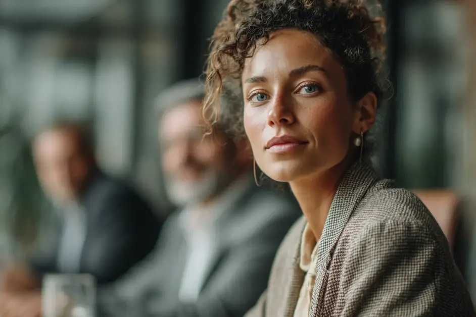Woman at a meeting table in profile with a carefully neutral expression, colleagues out of focus behind her, listening to someone off frame
