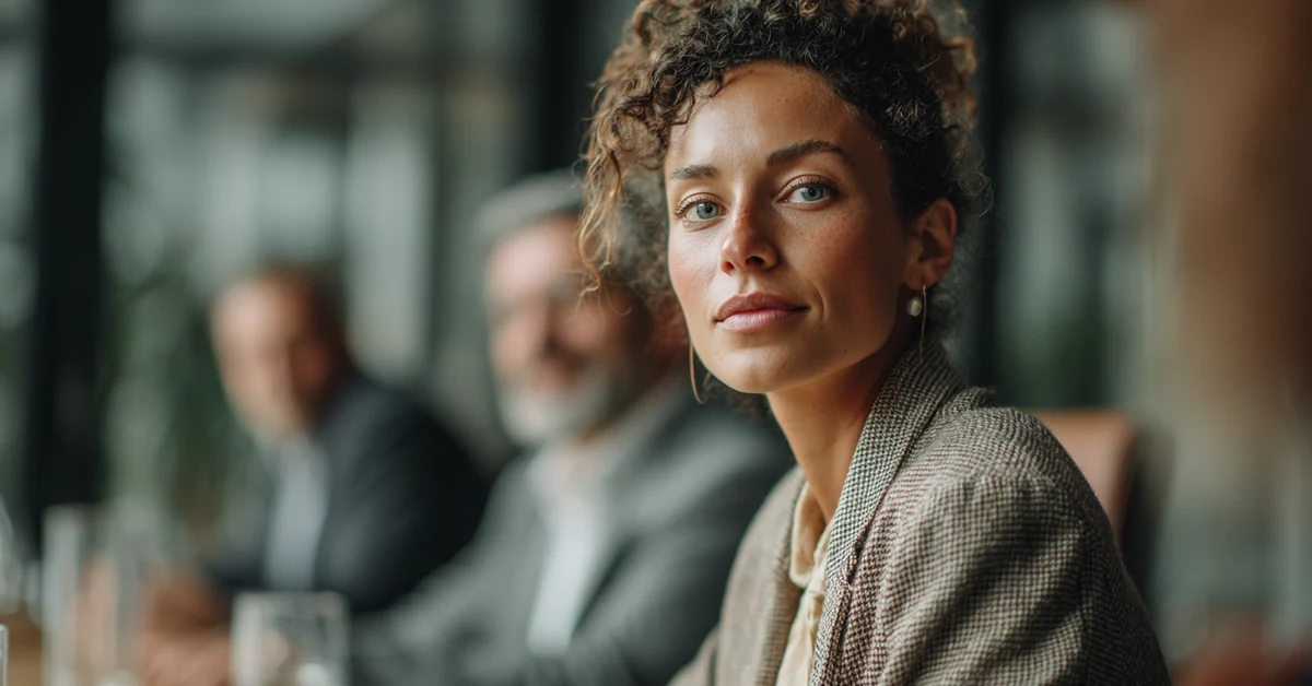 Woman at a meeting table in profile with a carefully neutral expression, colleagues out of focus behind her, listening to someone off frame