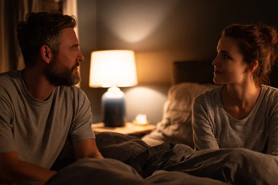 Couple sitting up in bed at night by a lit bedside lamp, turned toward each other mid-conversation