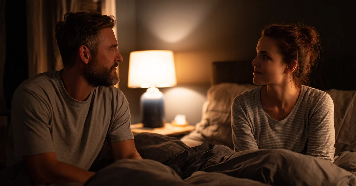 Couple sitting up in bed at night by a lit bedside lamp, turned toward each other mid-conversation