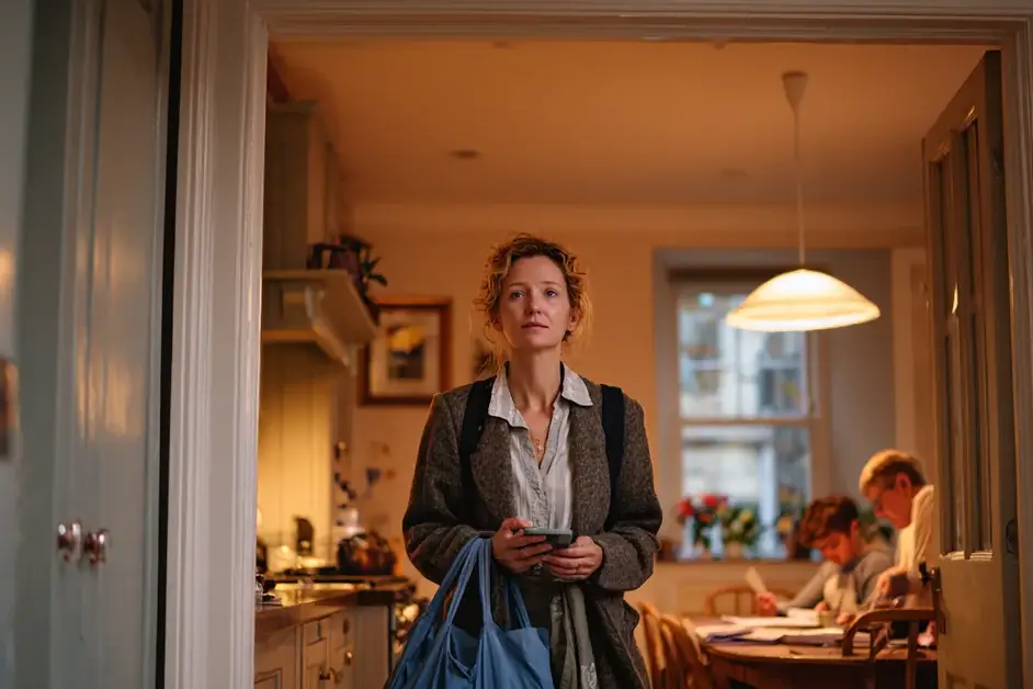 Woman in her coat standing in a lit kitchen doorway with a bag and a phone in her hands, a teenager doing homework at the table behind her