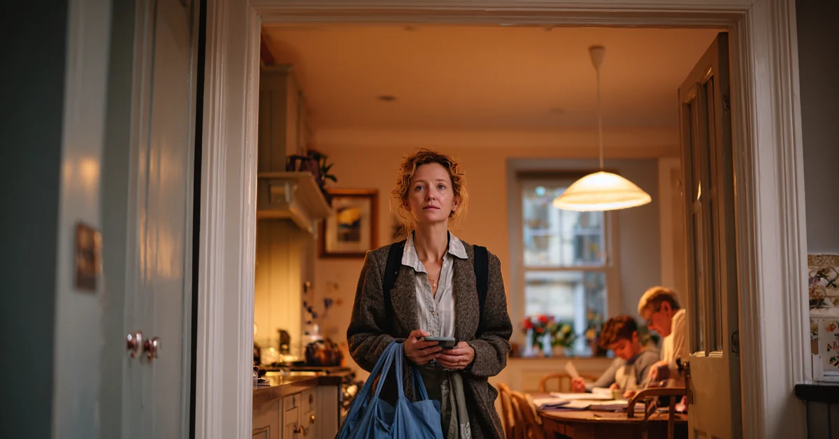 Woman in her coat standing in a lit kitchen doorway with a bag and a phone in her hands, a teenager doing homework at the table behind her