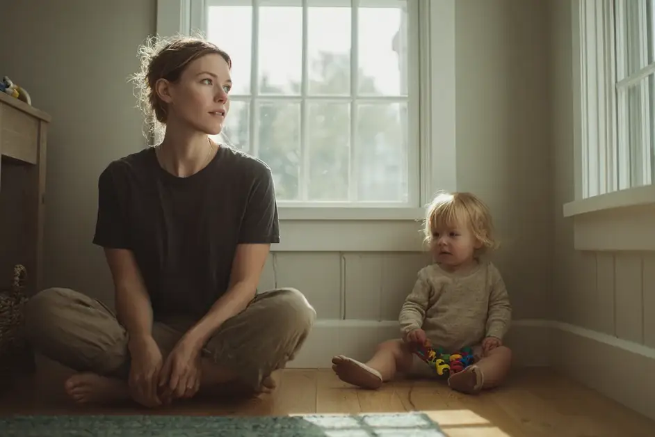 Woman sitting on the floor of a sunlit room beside her toddler, who is playing, while she looks out of the window